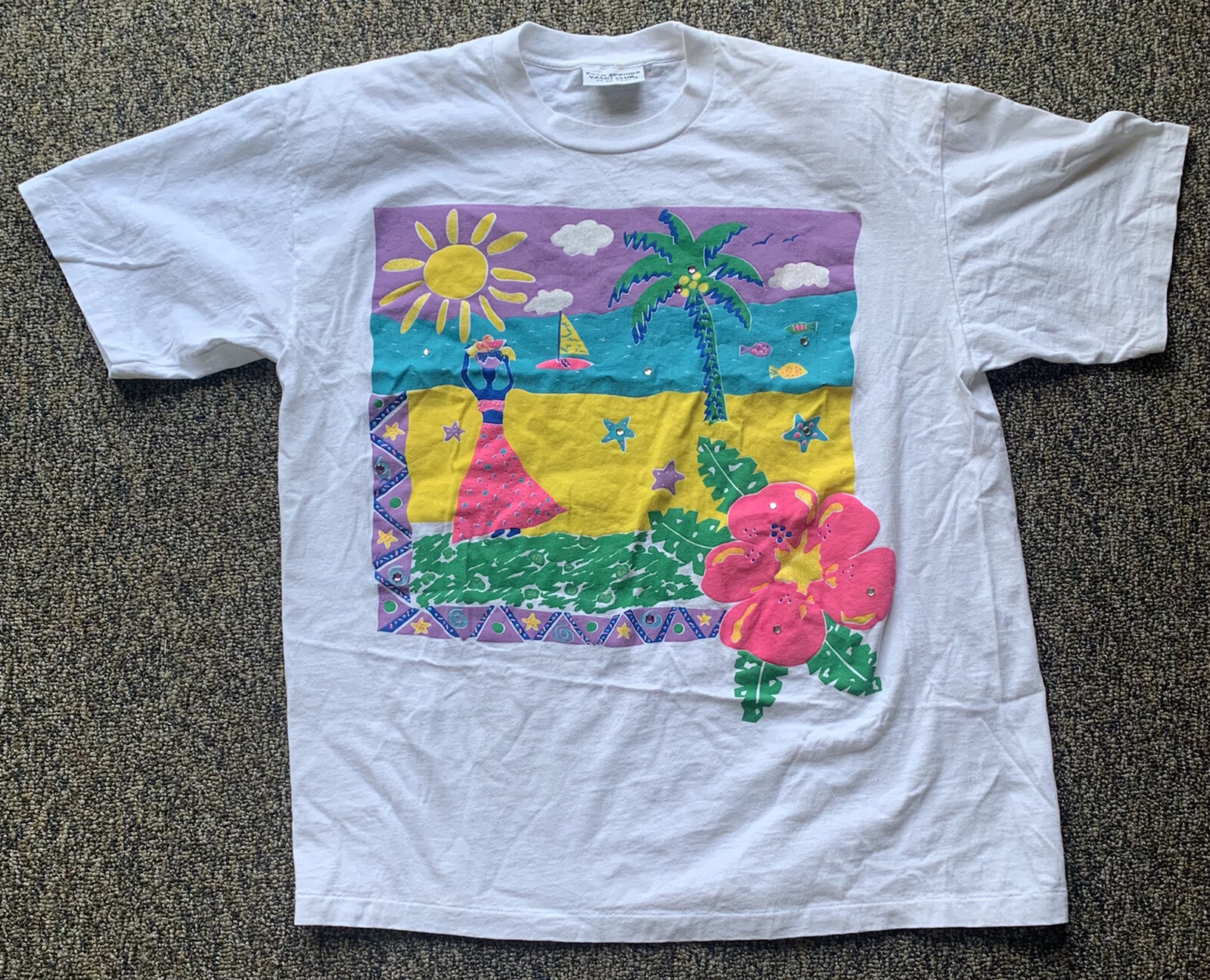 Vintage Palm Springs Yacht Club T Shirt Colorful Tropical Graphic Tee One Size