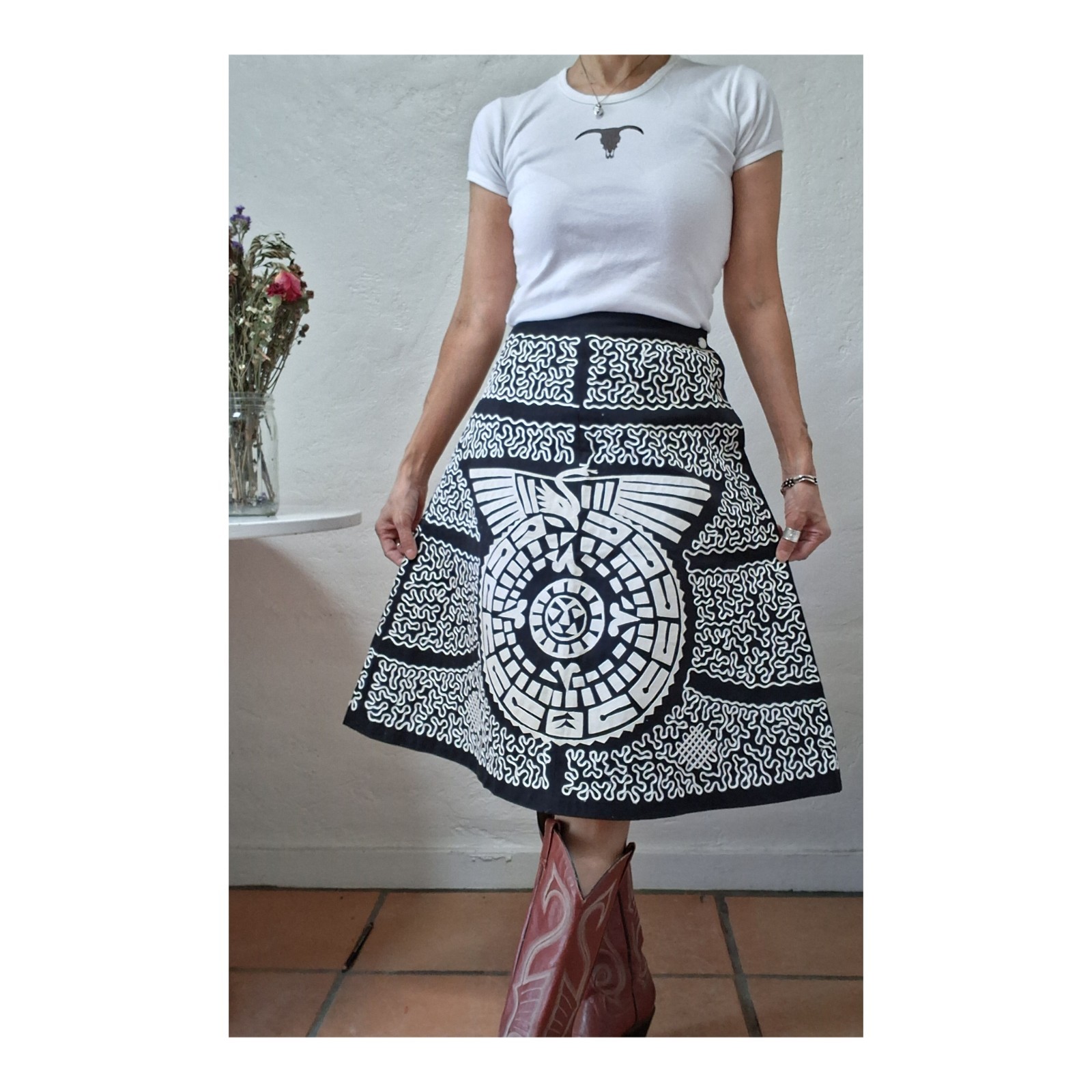 1950s Mexican Tourist Skirt Suede Applique Aztec Calendar Soutache Folk Art