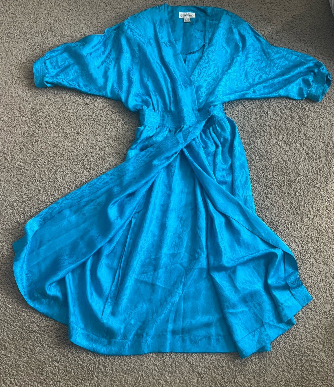 1980s Teal 100% Silk Wrap Midi Dress by Lauren Alexandra Vintage 4 approx XXS 00