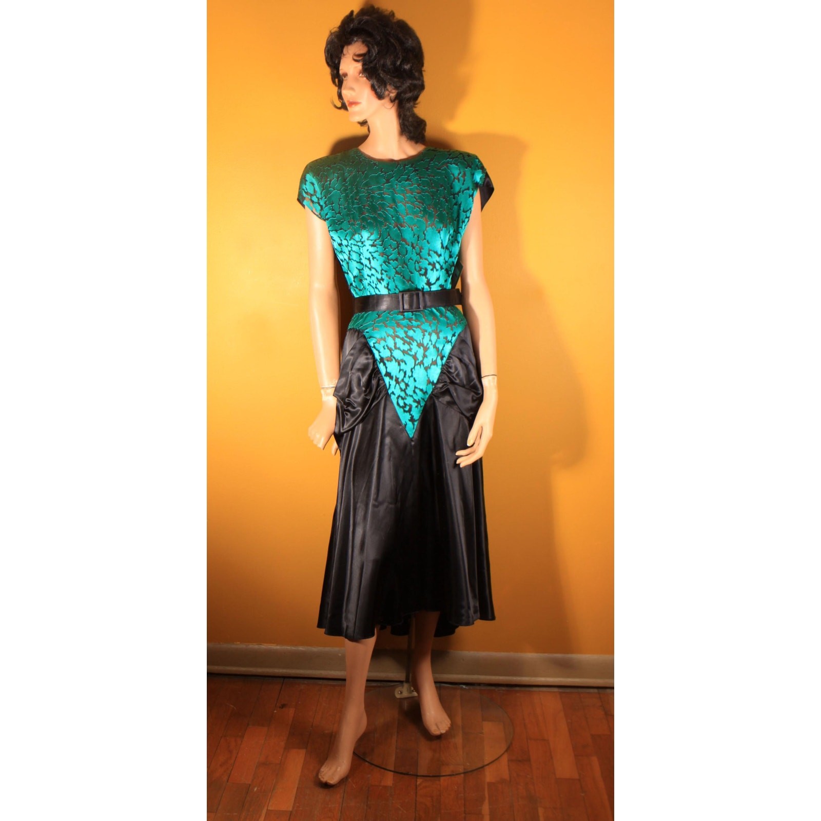 1980s Does 1940s Style Teal and Black Sheer Cocktail Dress by Diamond’s Run -L