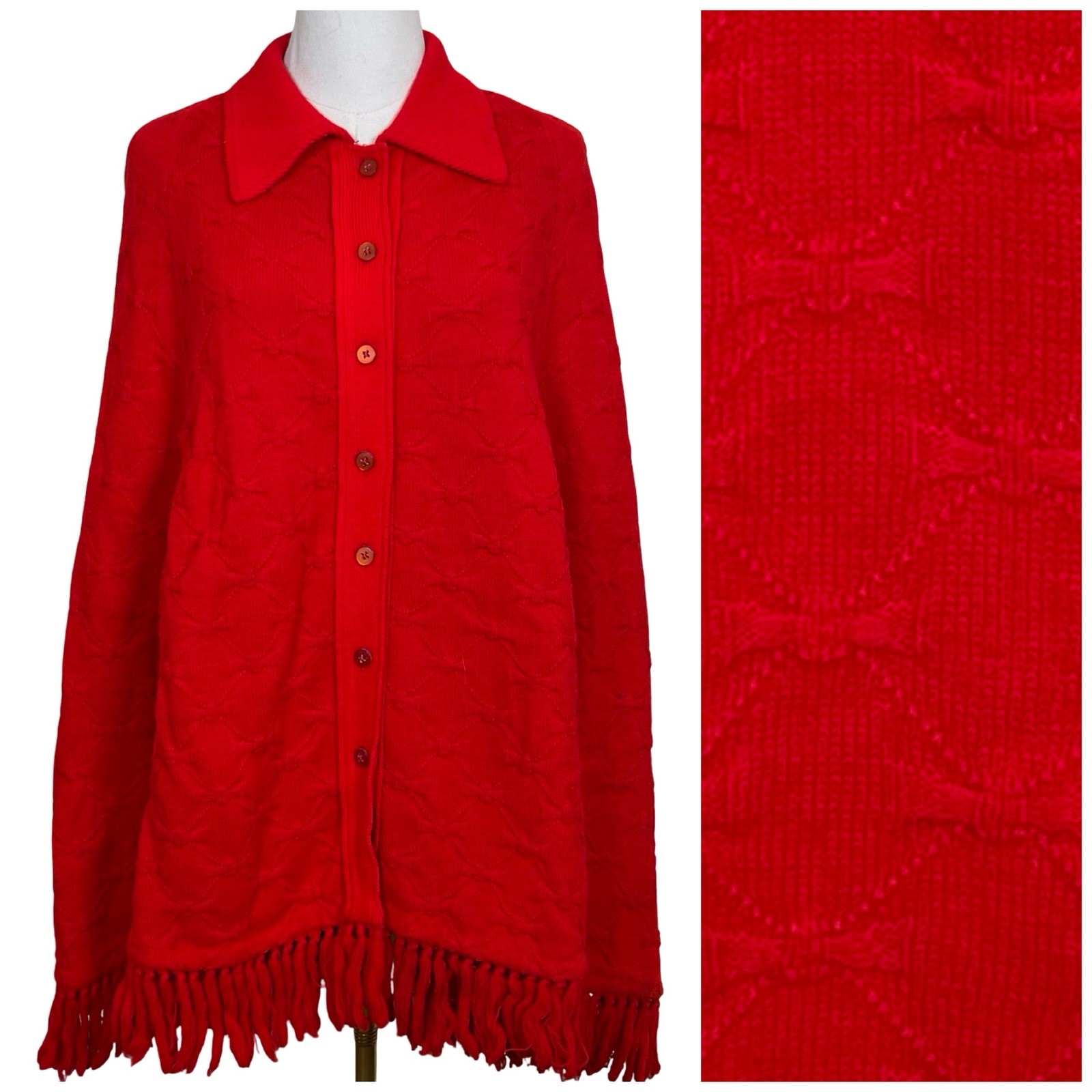 Cuddle Knit Vintage Poncho Cape Women Red Bow Knit Fringe Button Front 70s Boho