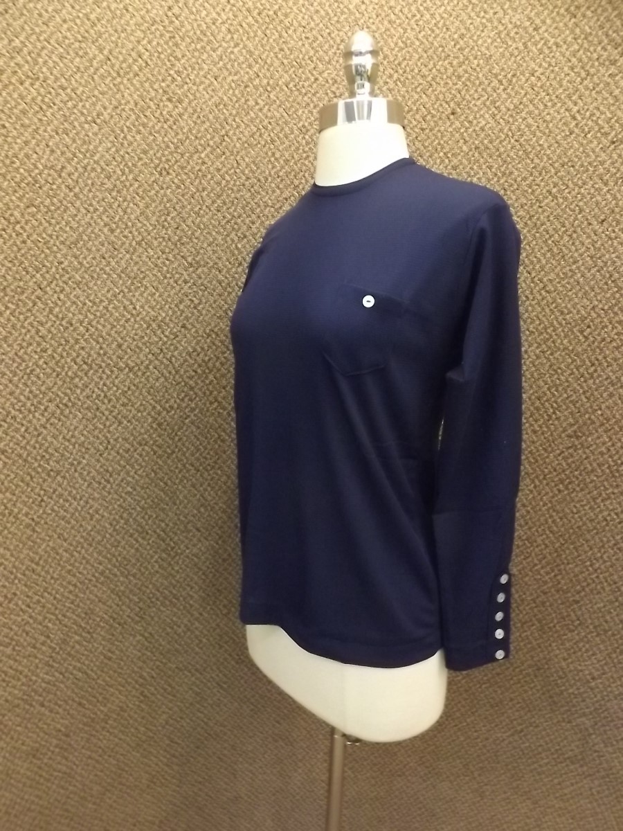 NEW Vtg 70s Dark Blue Poly Knit Zipper Back Button Accent Stretch Pullover Sz S