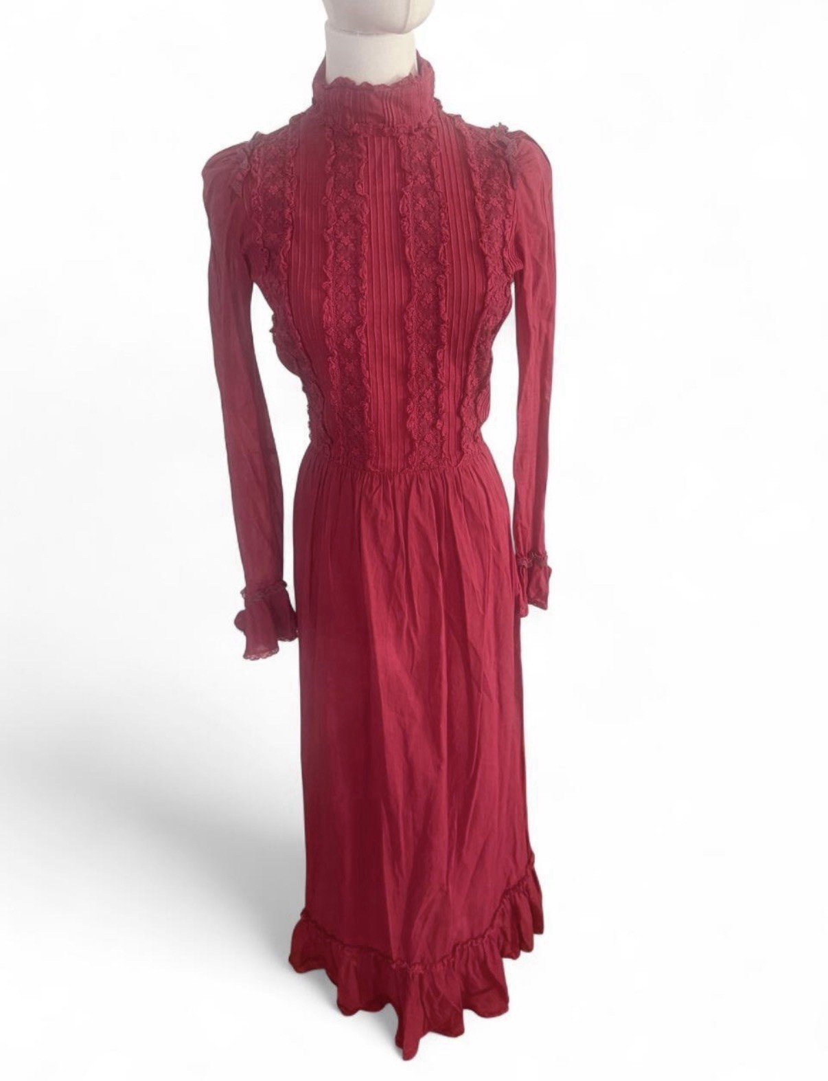 Vintage 1970s Edwardian Prairie Maxi Dress | Cranberry Red | Talon Zip