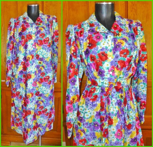 Vtg 80s J. JILL Colorful Poppy Daisy Floral Print Cotton Belted Shirt DRESS ML