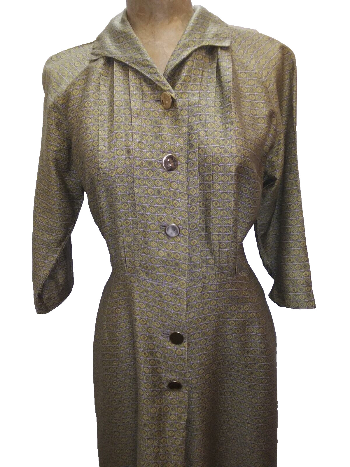 Vintage 1950’s Olive Green Dark Yellow Polished Cotton Elegant Dress Medium