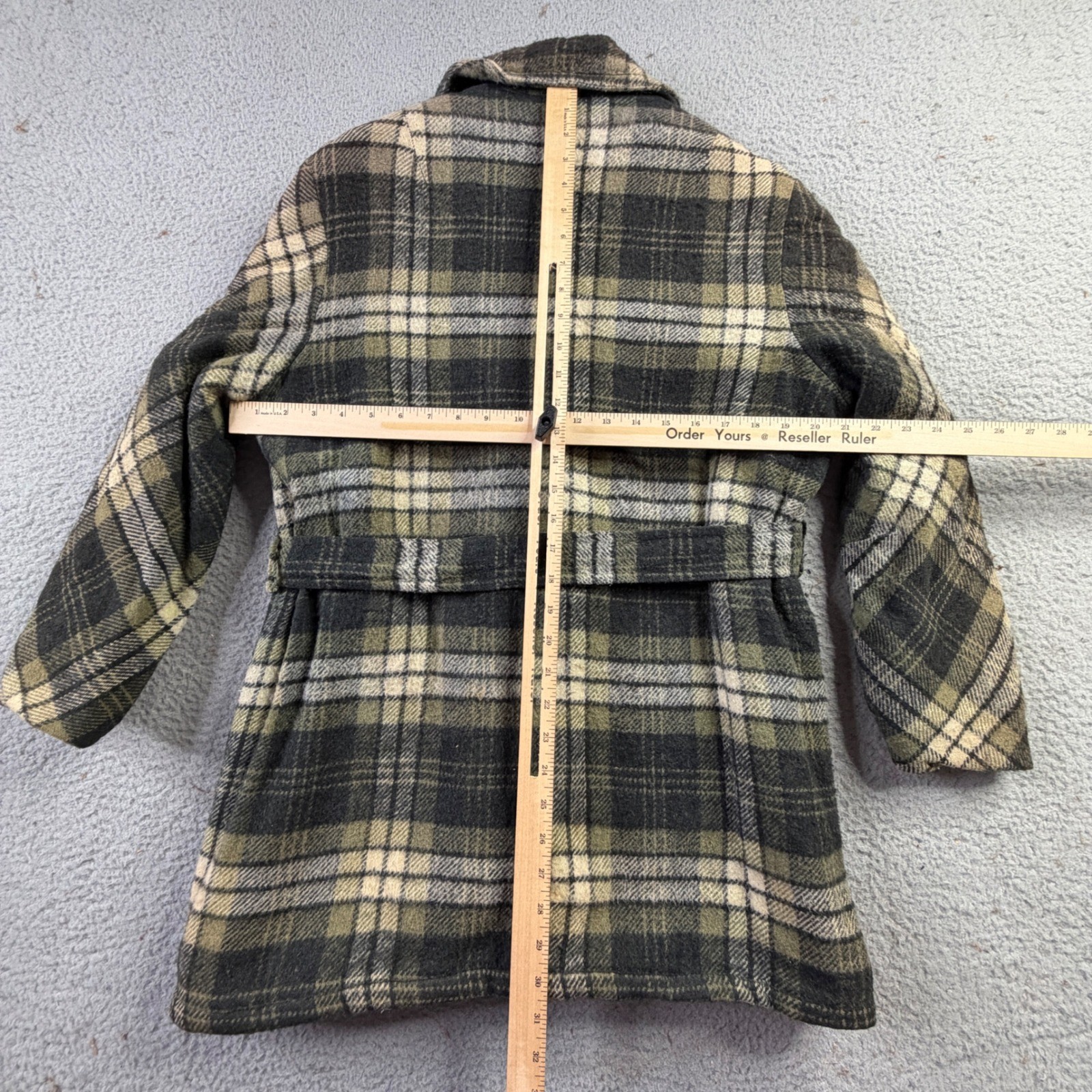 Vintage Materia Di Italia Green Plaid Belted Wool Coat Anchor Buttons Size 14