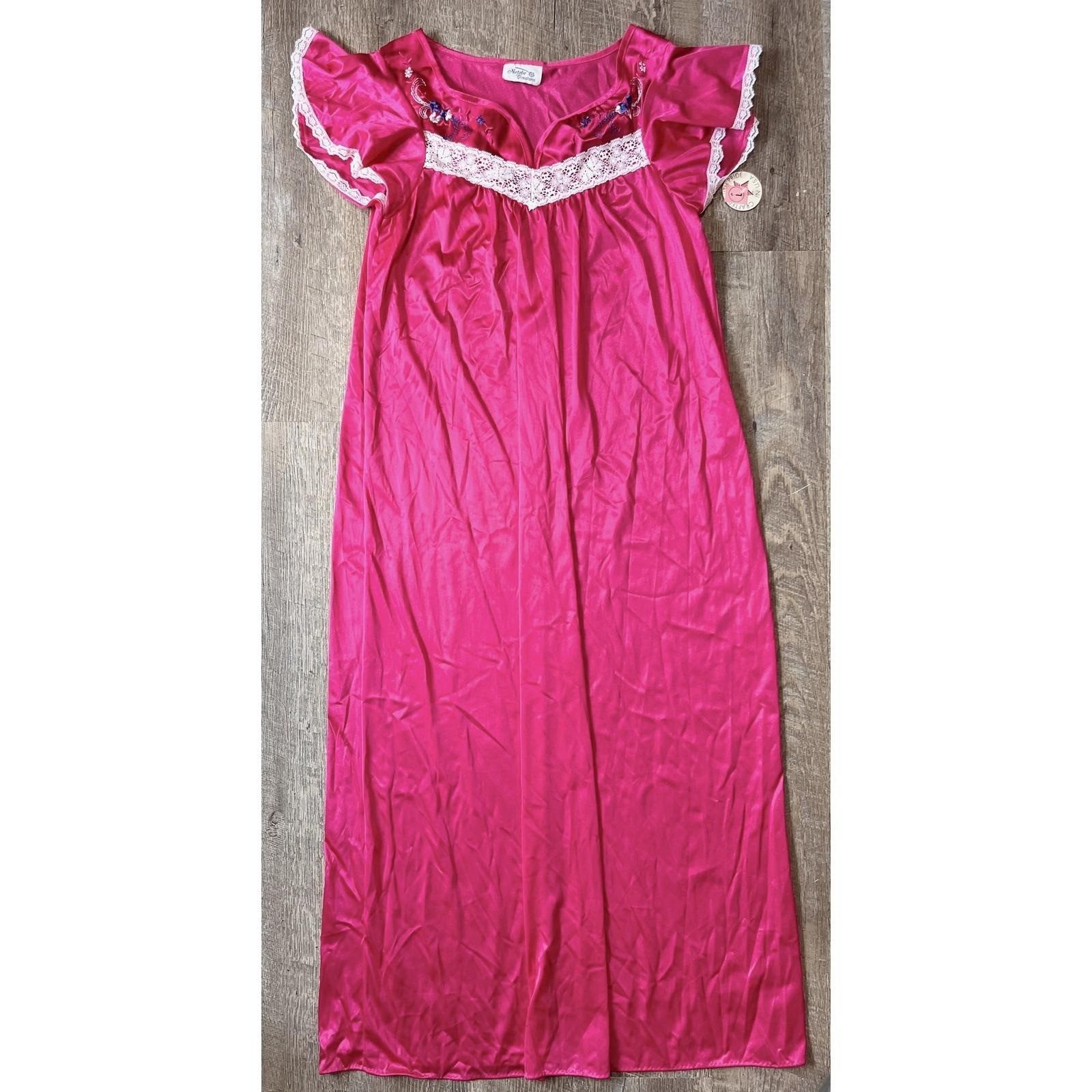 Natalie Creations Vintage Pink Satin Nightgown Lace Flutter Sleeve Maxi Large