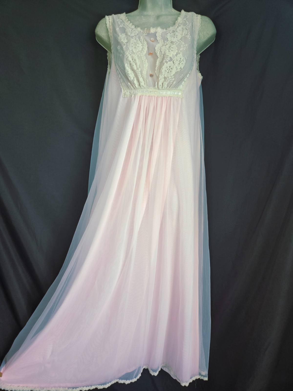 Vtg 60s Gilead Pink Dbl Layer Nylon Chiffon Nightgown Long Peignor Robe SET M