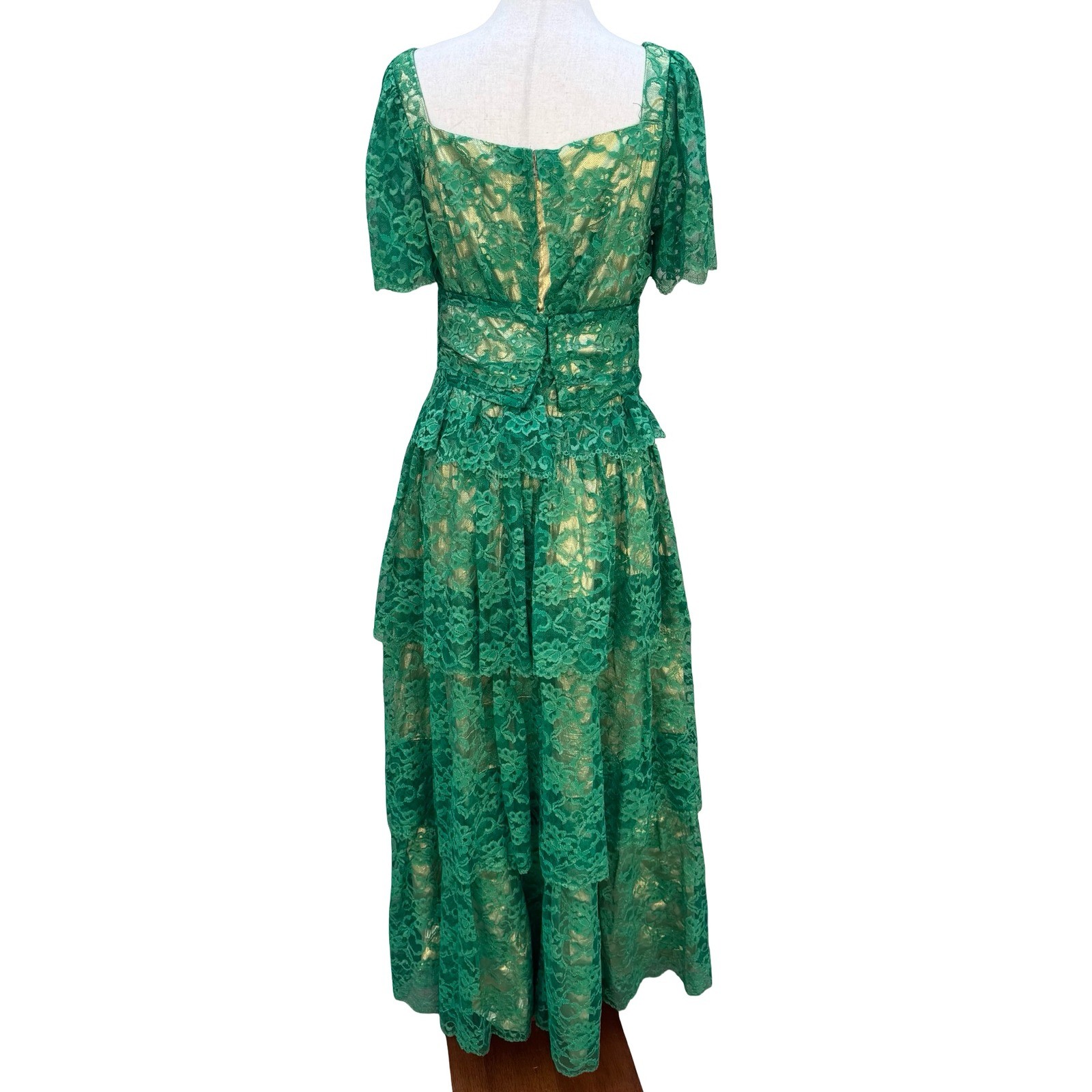 Vintage Green Floral Lace Gold Metallic Tiered Maxi Dress Square Neck Handmade