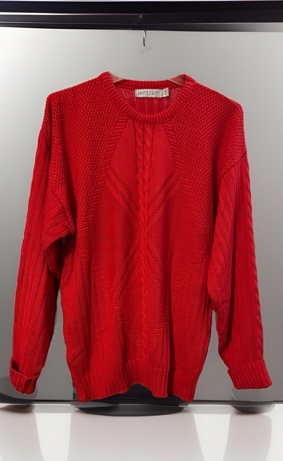 Vintage Jantzen Sweater Women Size XLT Red Crew Neck Cable Knit Fisherman Heavy