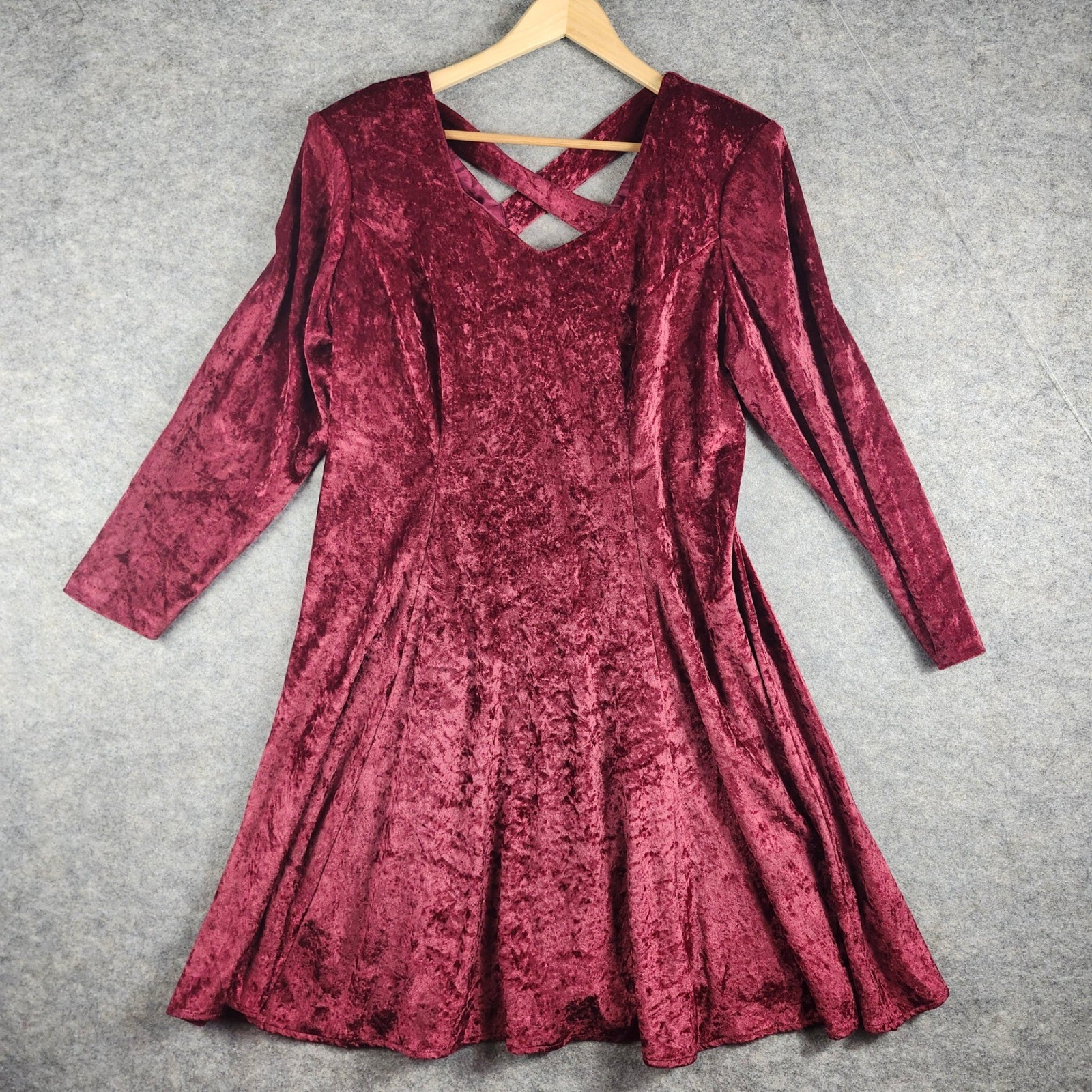 VTG Adrian Jordan Velvet Skater Dress Womens 14 Burgundy Criss Cross Back V-Neck