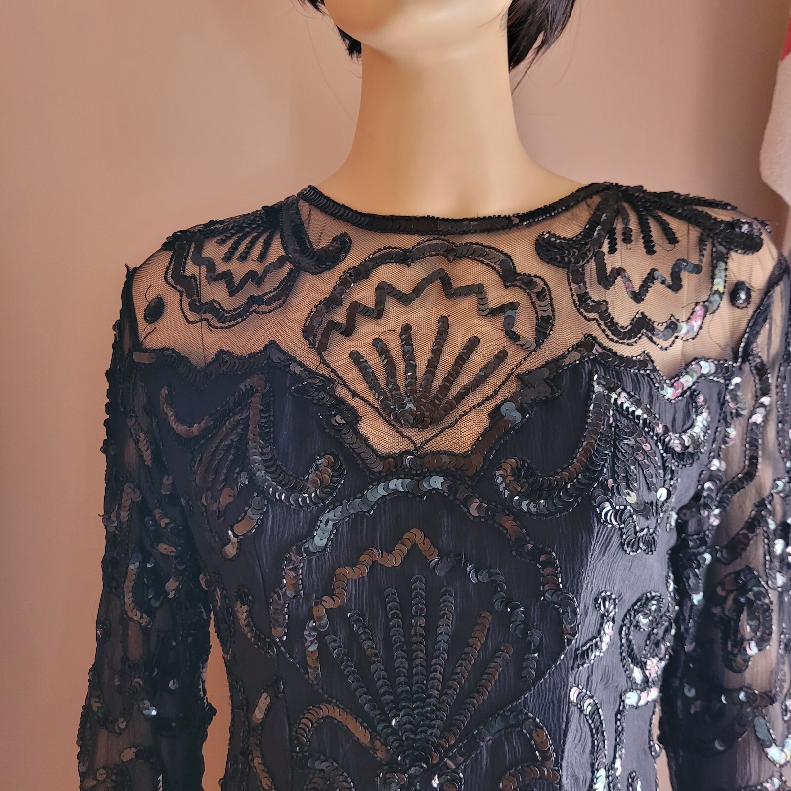 Vintage 1980s Black Rayon & Silk Party Dress Sequins Beads Sz M Made in India