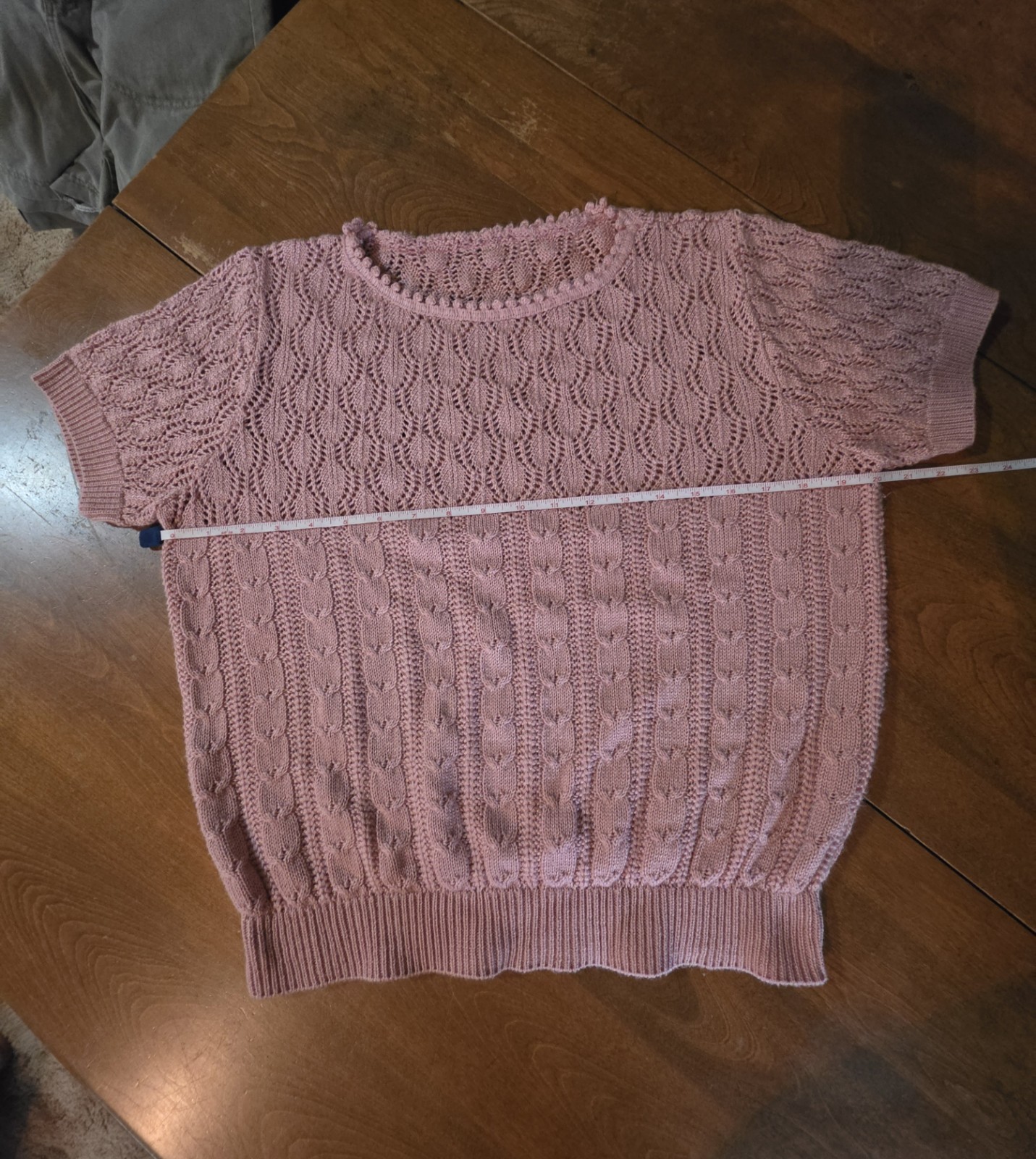 VTG 70s Pink Pointelle Cable Knit Short Sleeve Sweater Crop Ribbed Unbranded M