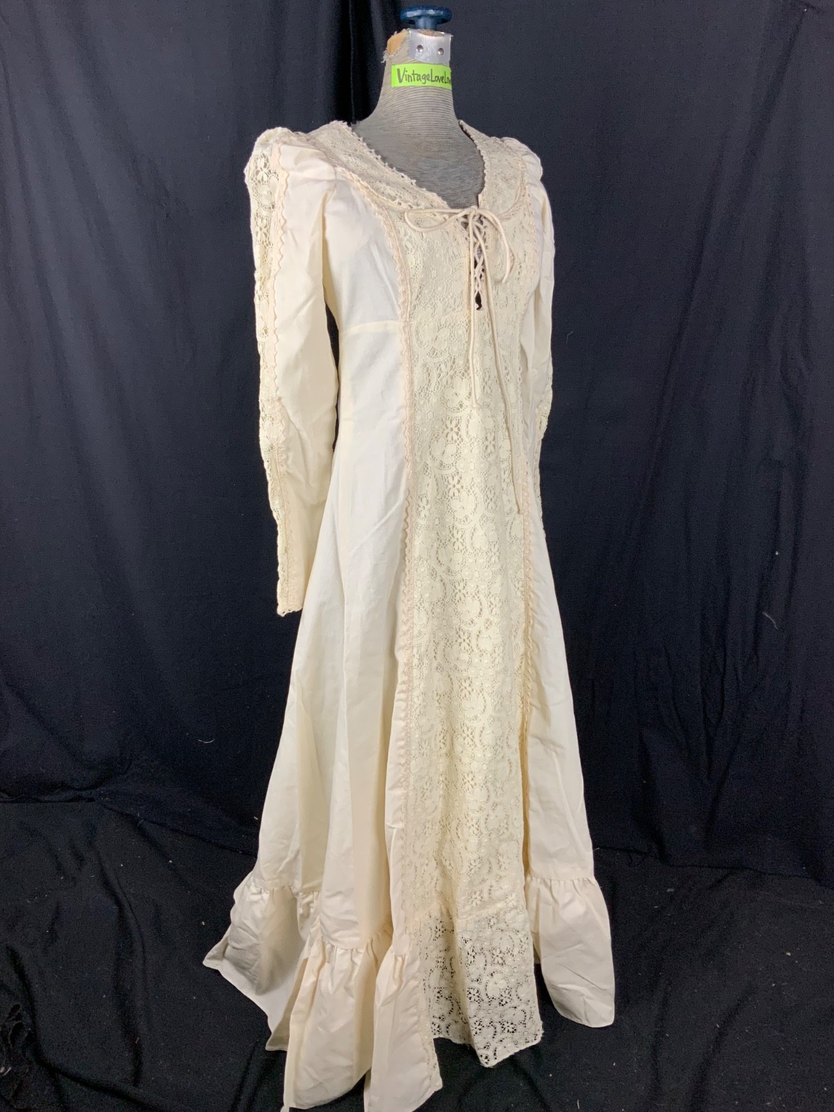 GUNNE SAX BY JESSICA Vtg 60s Ivory Lace Prairie BLACK LABEL Dress-Bust 33/2XS