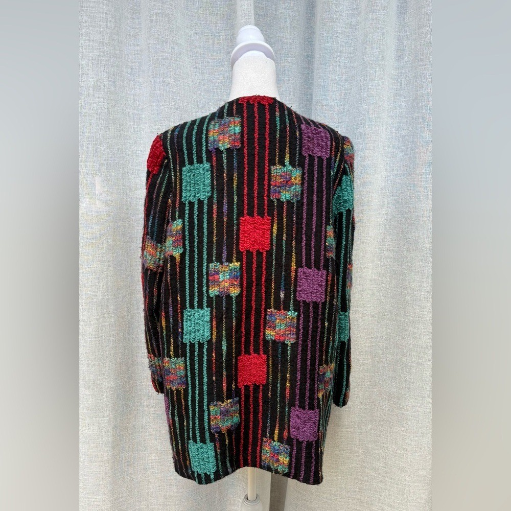 Vintage knitted multicolor patchwork black red green cardigan jacket