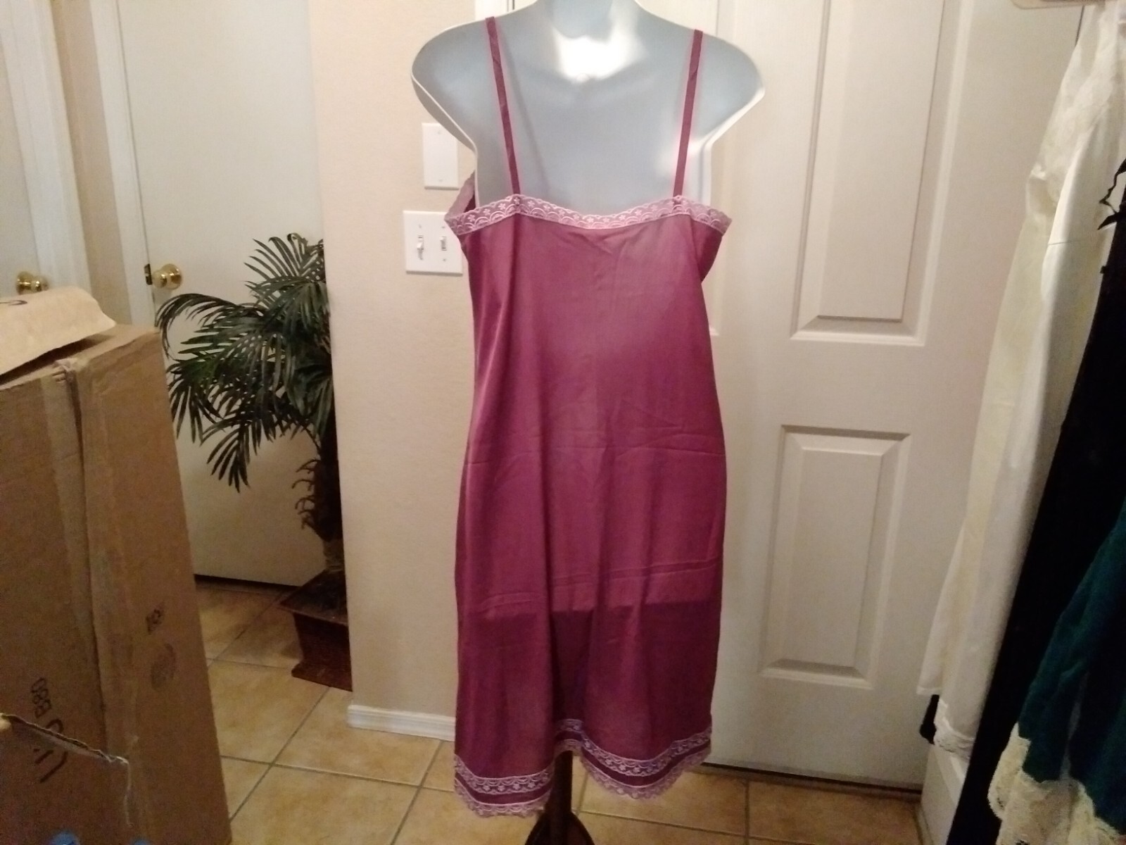 Vintage Full Slip Dress Chemise European Raspberry Embroidery Detail SZ M