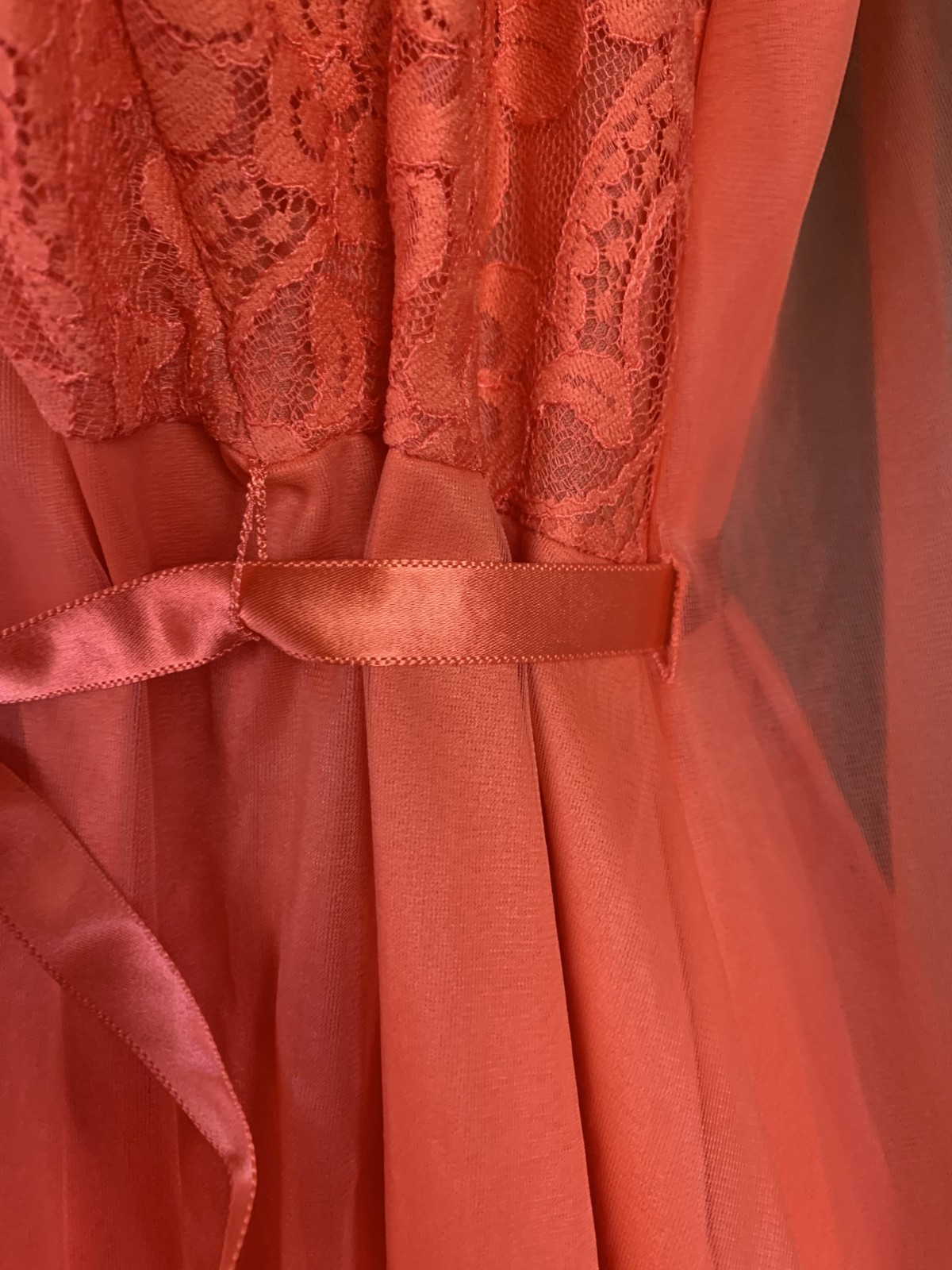 Vtg 60s Chiffon Overlay Persimmon Lace Watteau Train Nightgown Large? CUT TAG
