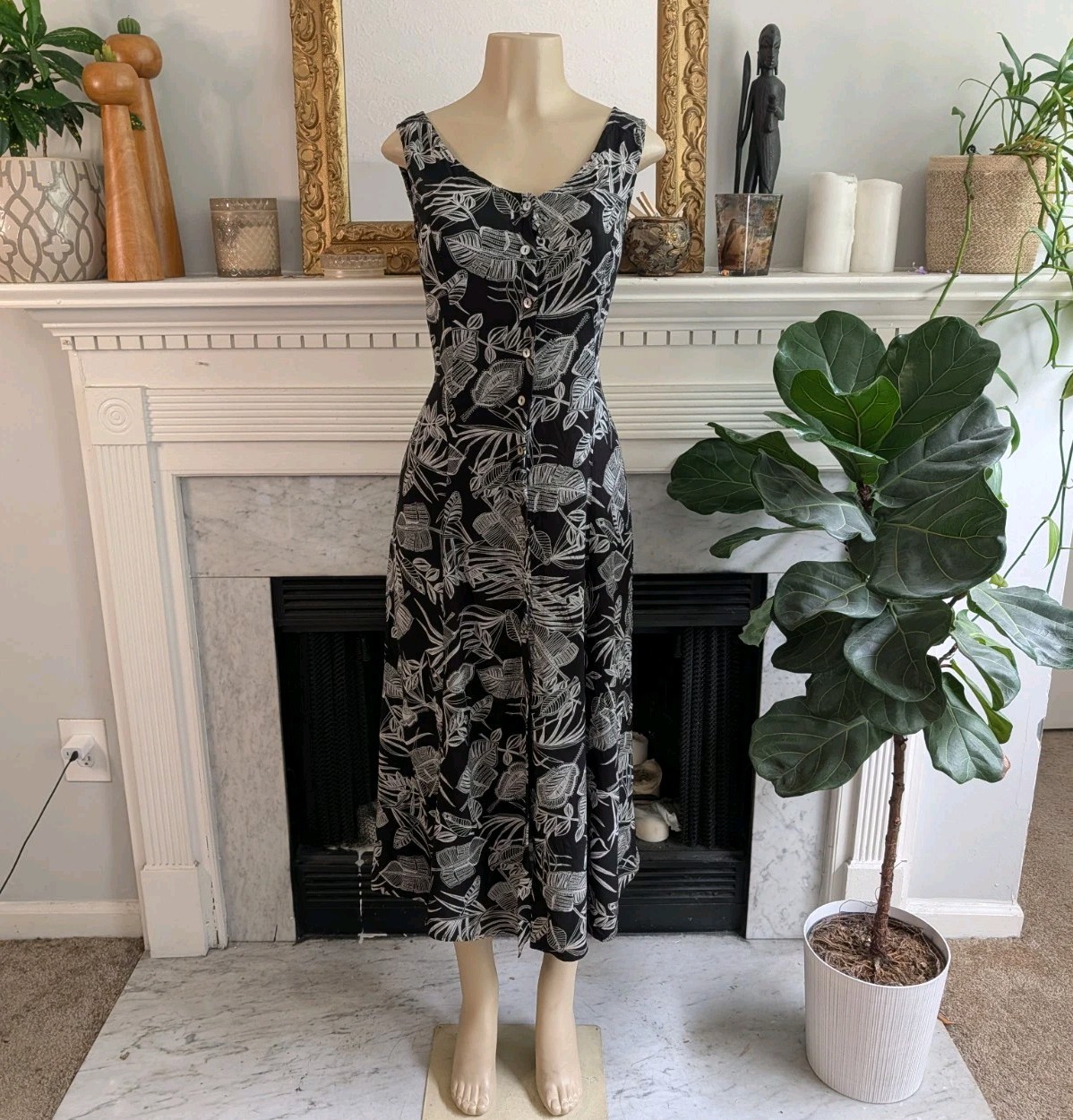 Vintage 90s Black Gray Graphic Shirtdress Size 8 Y2K Retro Tank Leaf Print