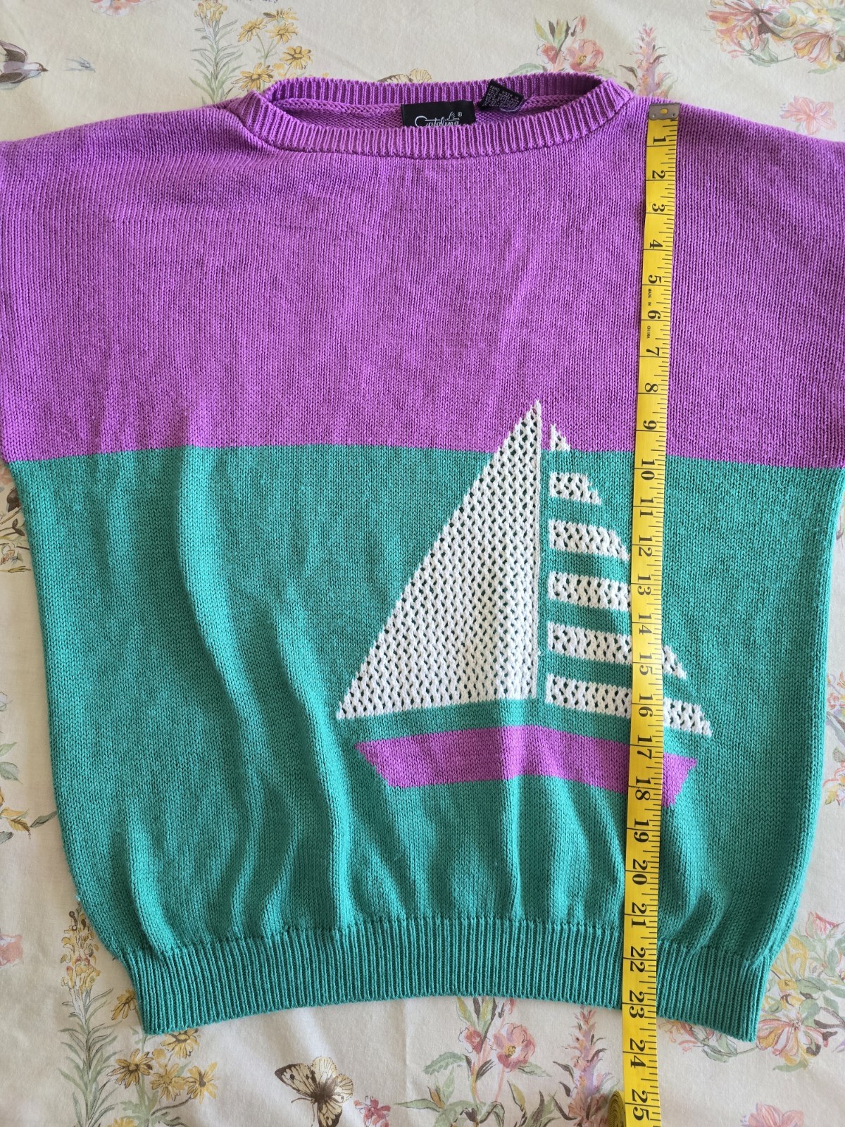 Vintage 1980s Catalina Sailboat Blouse Pastel Sweater Womens Large XL Nautical