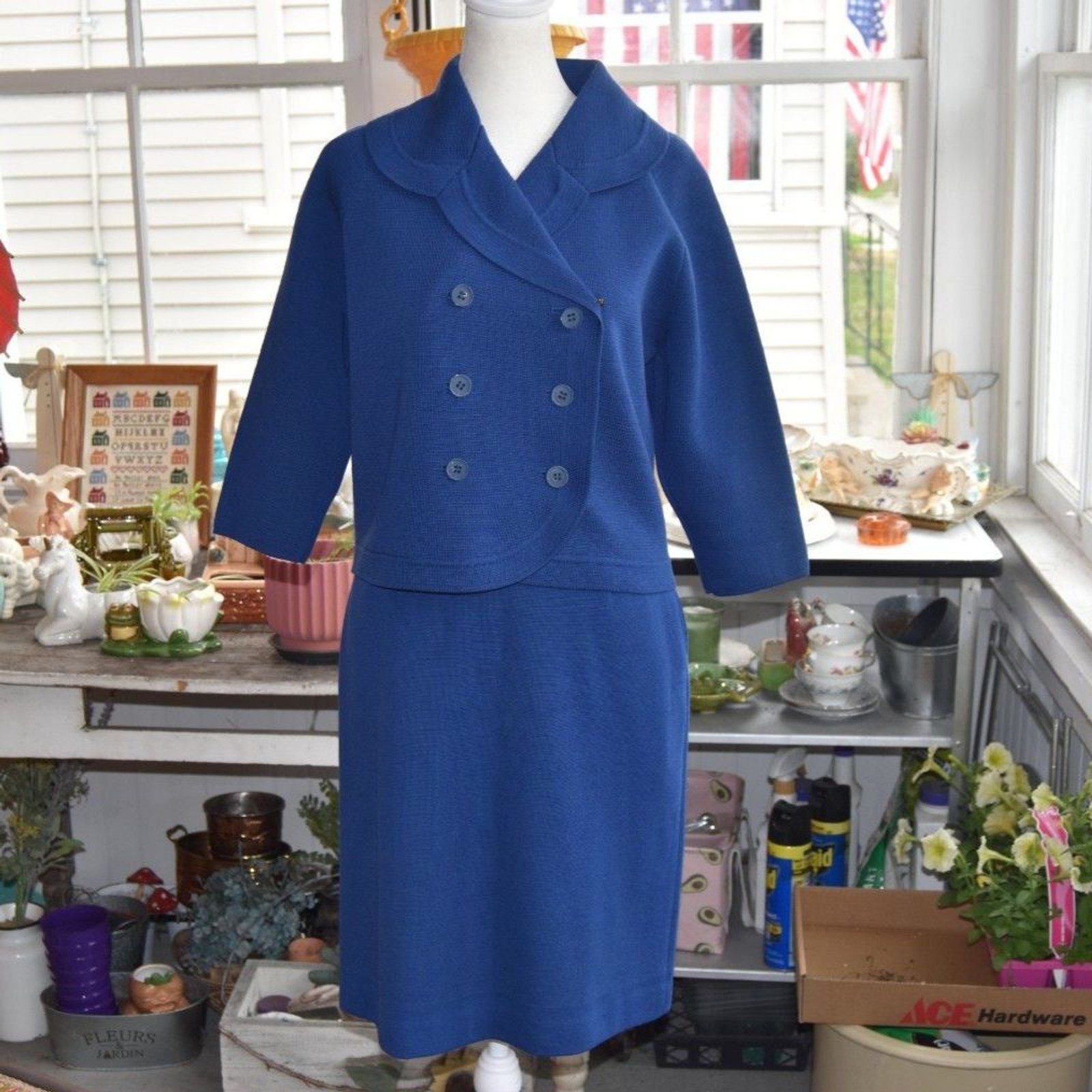 Vintage 1960s Kimberly Made in Italy Blue Wool Knit Suit Skirt Set Size Medium