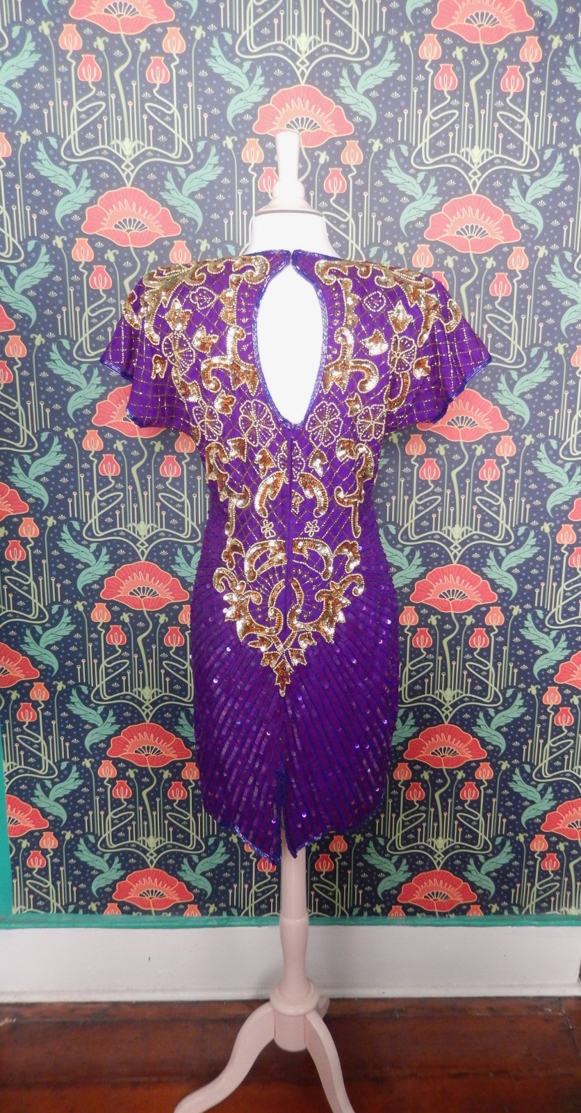 Vintage 80’s 90’s Purple Gold Sequin Beaded Party Cocktail Dress Glam Party