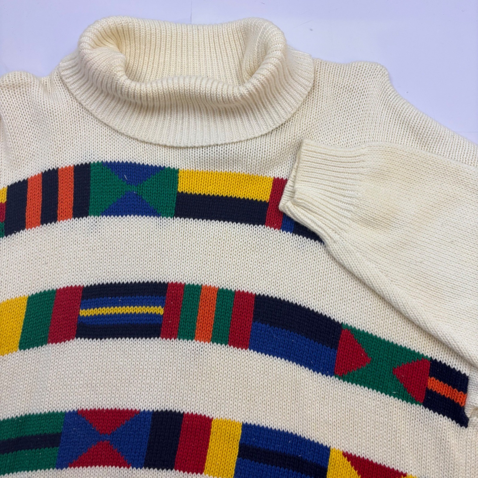 Vintage Field Gear Nautical Signal Flag Turtleneck Sweater White Cotton Womens M