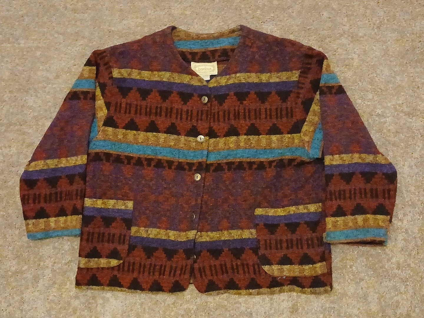 Vintage 80s Colorful Knit Striped Geometric Boxy Cardigan Bonjour Large