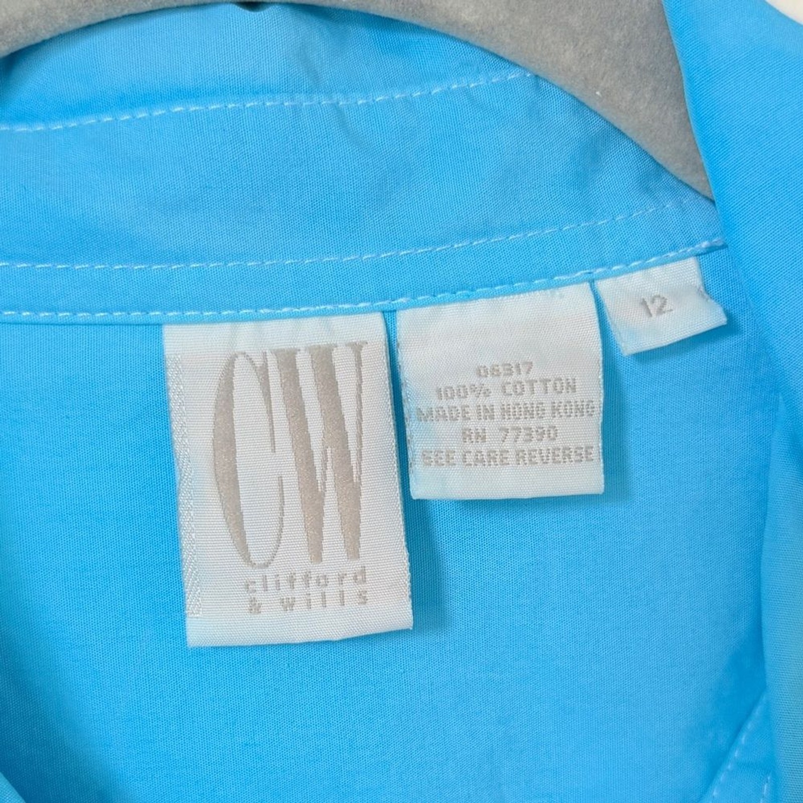 Vintage Hand-dyed Turqoise Aqua Blue Button Down Shirt Blouse Top Eyelet Trim 12