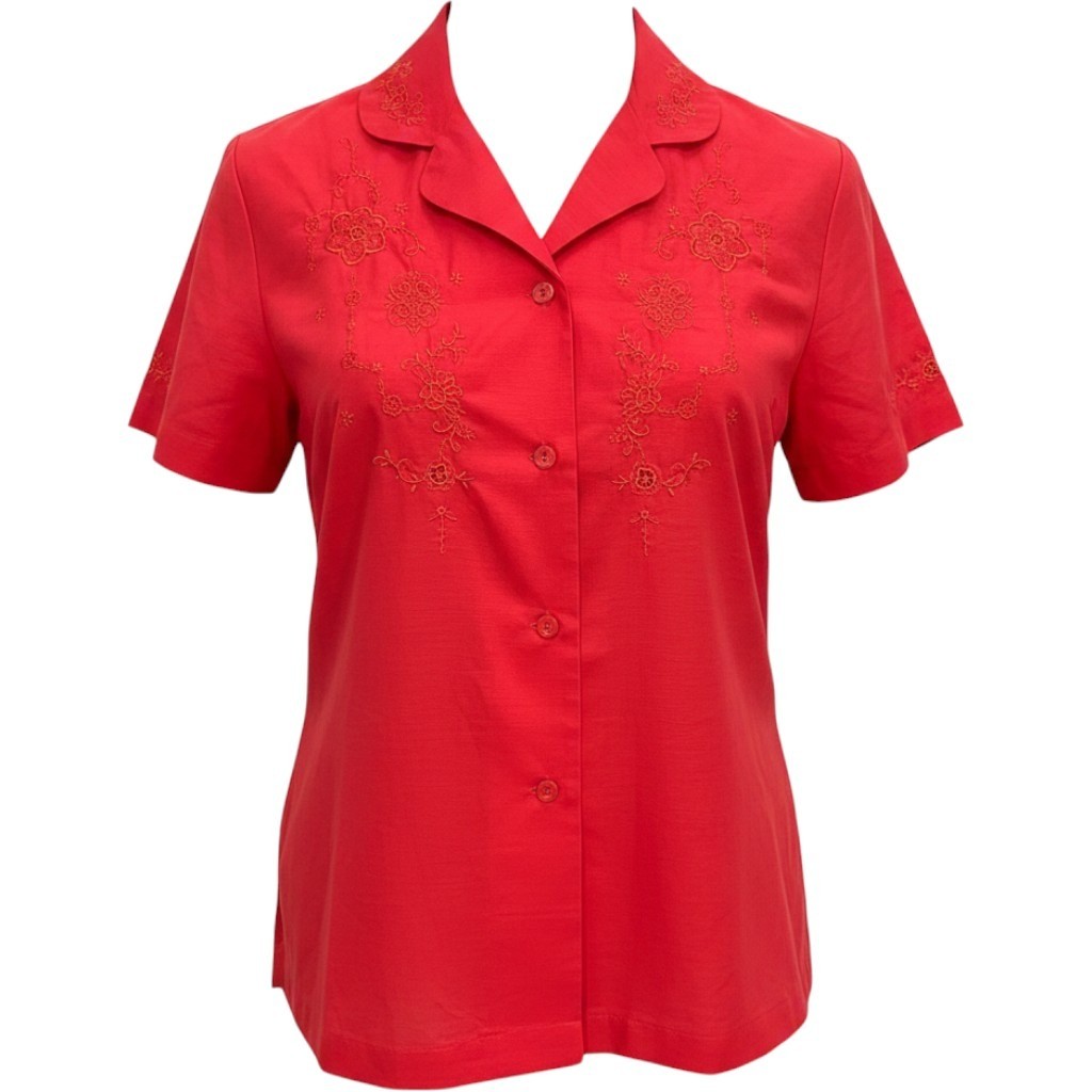Vintage Red Floral Embroidered Eyelet Short Sleeve Button Up Blouse Size 38