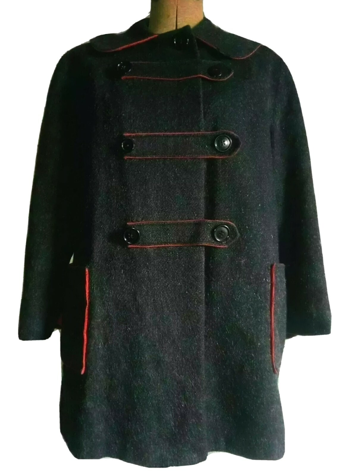 VTG 50s Gray Duffle Coat w/ SCARLET RED COUDEROY TRIM, Hood & Patch Pockets M