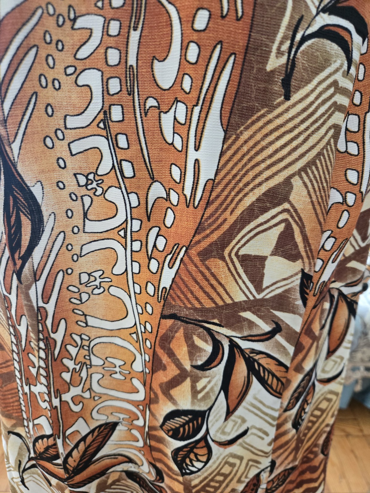 Vintage Emotions 90s Tribal Brown Short Sleeve With Bead Trim Past Knee Dress