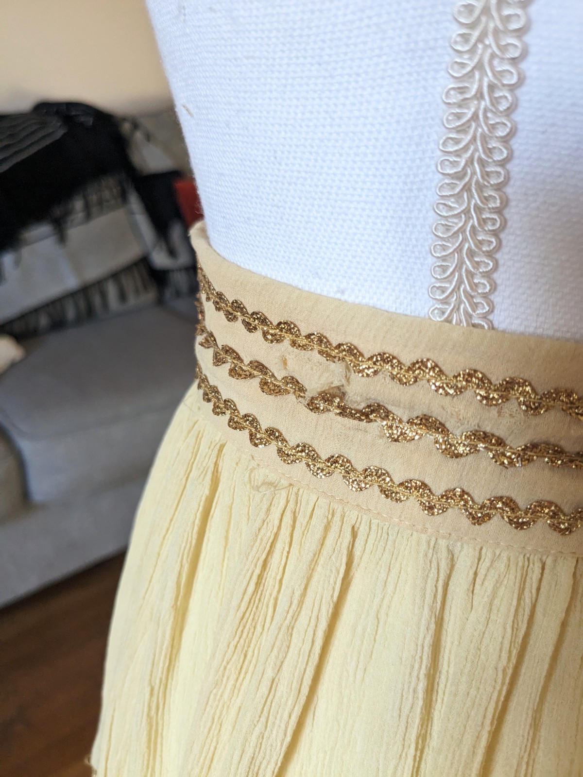 Vintage Cream Tiered Circle Skirt with Gold Metallic Ric Rac and Trim