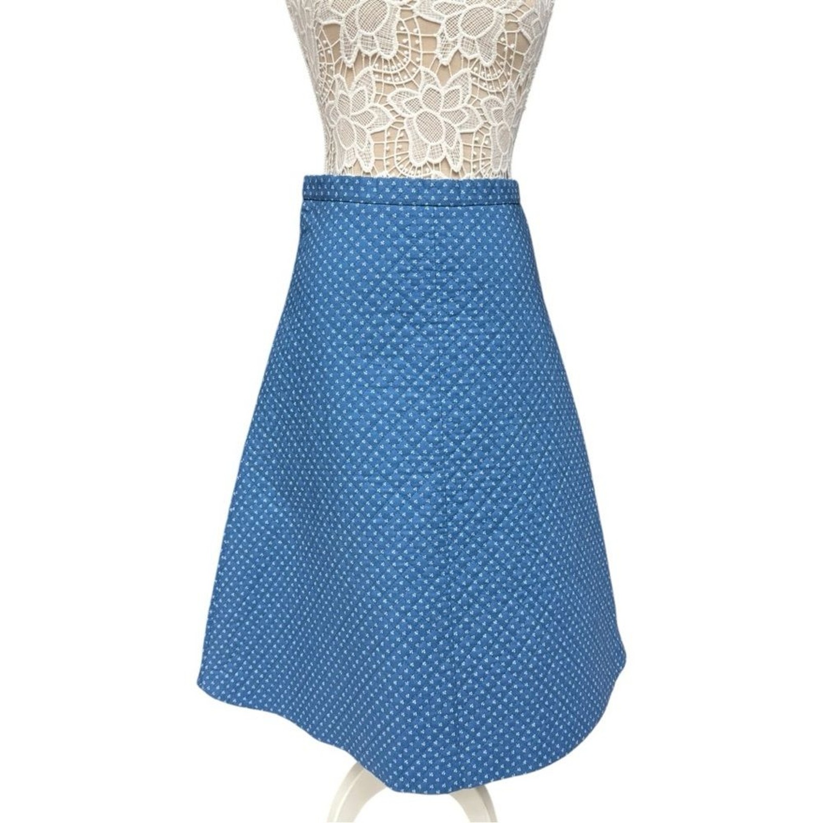 Vintage 70s Blue Quilted A-Line Skirt Handmade Medium fit Polka Dot Cute Retro