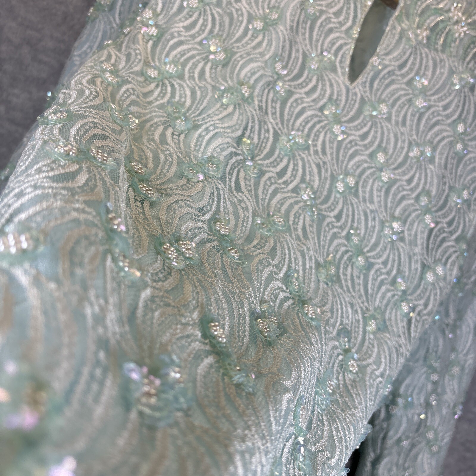 Vintage Top L Green Sequin Beaded Fairycore Artsy Lace Sheer Lined Party Blouse