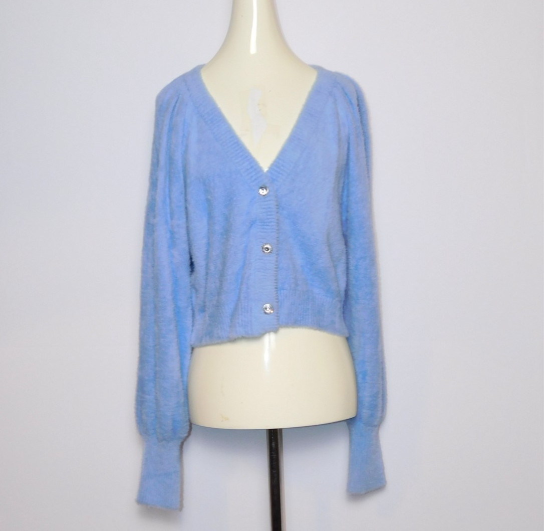 Womens For Love & Lemons Baby Blue Cozy Soft Cardigan Crop Sweater Size XL