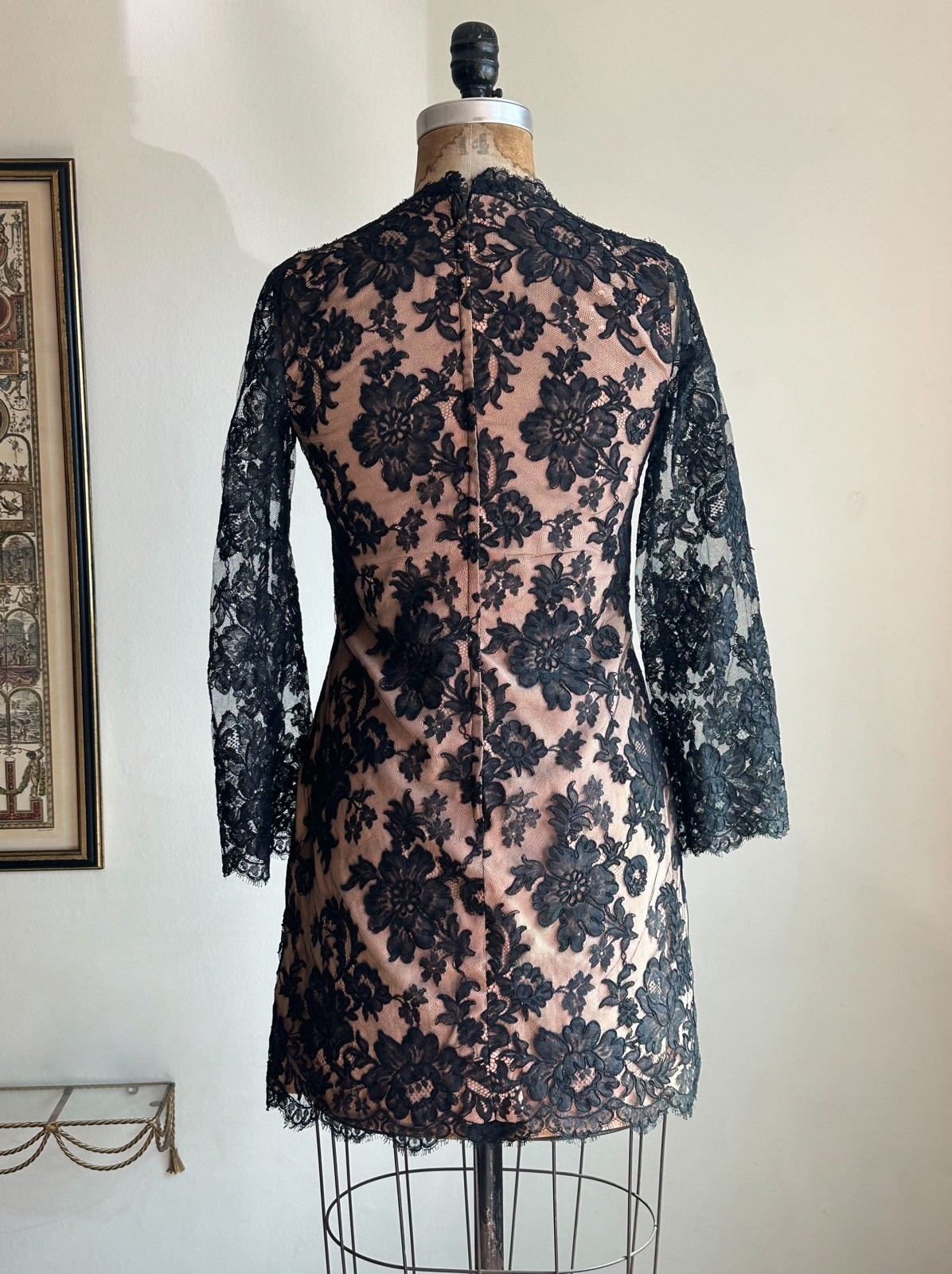 1960s Black Nude Gothic Corded Chantilly Lace Mini Dress Custom Couture As Is S