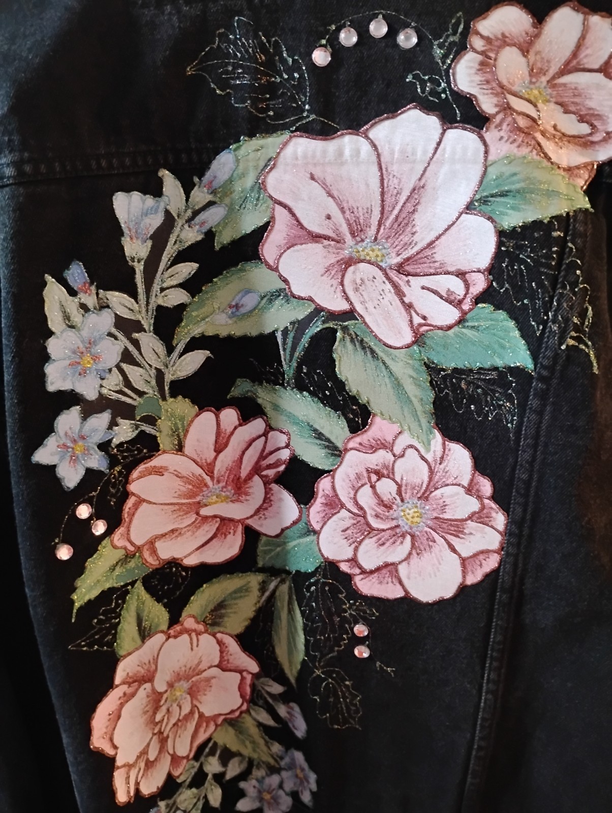 Vintage 80s Todays News Black Denim Jacket Embroidered Floral Rhinestone Concho