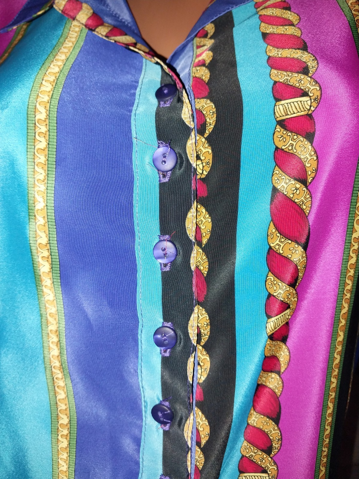 VTG SATIN SHINY VERSACE ESQUE NOTCH COLLAR BLOUSE GOLD ROPES GEO TOP USA 40″ NOS