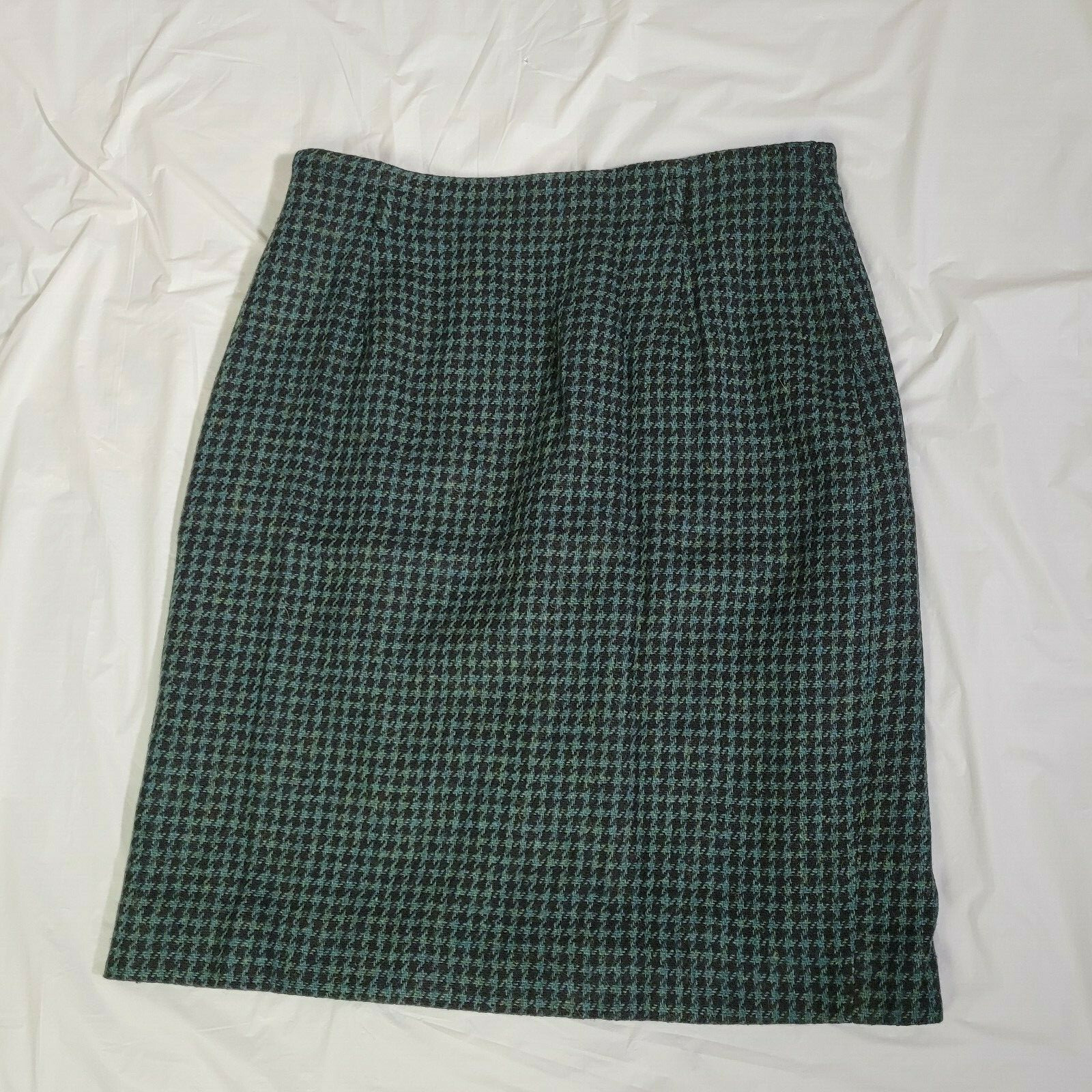 Jones New York Skirt Womens Sz 12 Tattersall Plaid Wool 90s Vintage Navy & Green