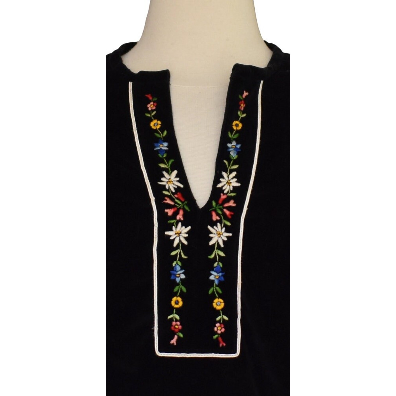 Vintage 70s Embroidered Black Velvet Blouse, Floral Embroidery, Boho, Size Small