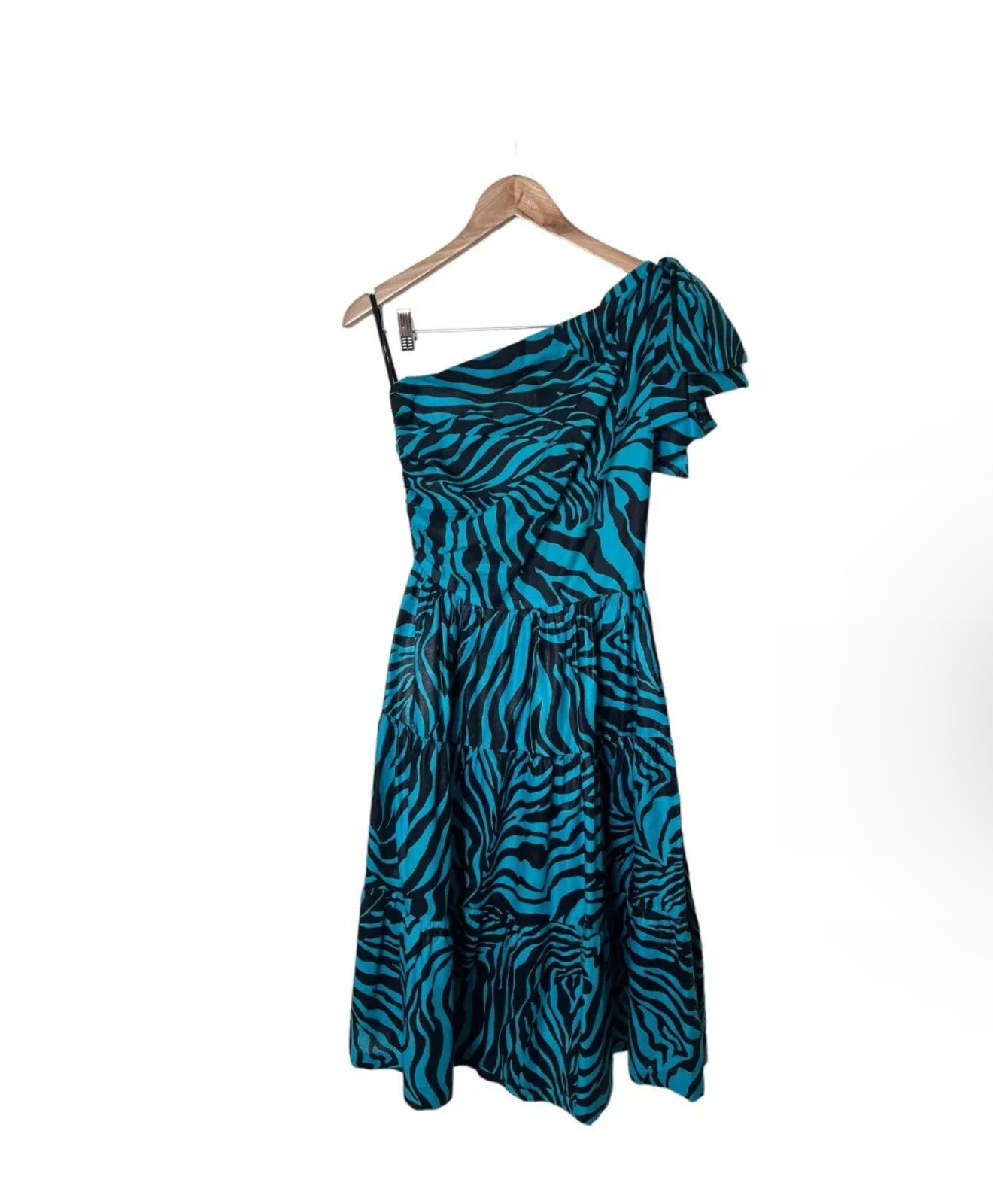 Vintage 70s 80s Mollie Parnis Studio Aqua Black Stripe One Shoulder Dress 2 4