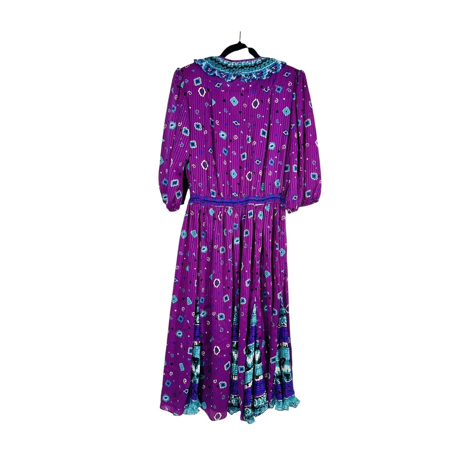 Vintage Assorti Susan Freis Size S Maxi Dress Purple Green Ruffle Smocked V Neck