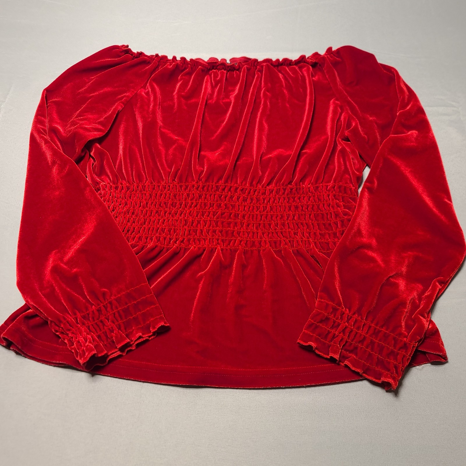 Vintage Jonden Red Velvet Blouse M Square Neck Long Sleeve Smocked Cuffs 90’s