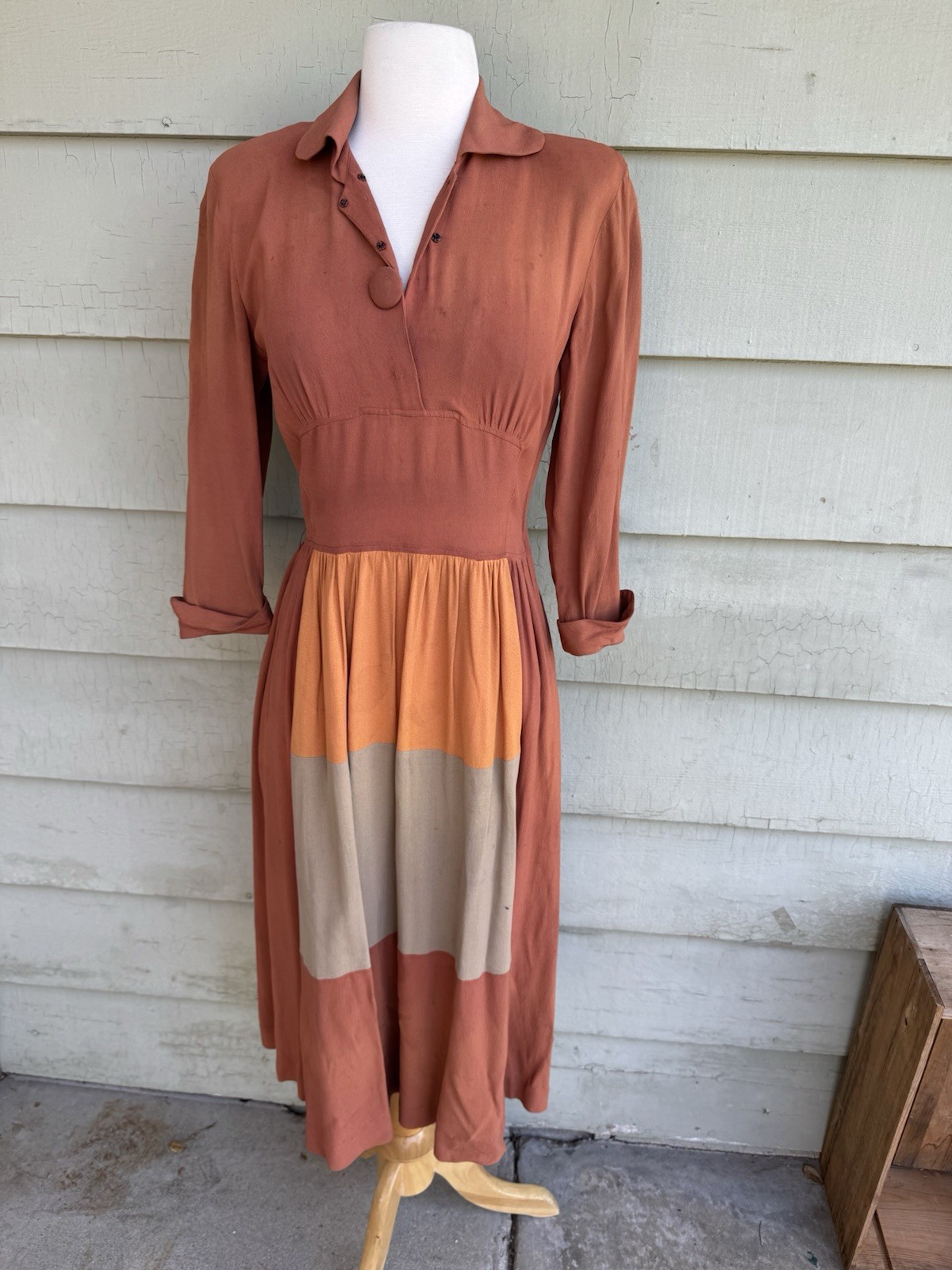 Vtg 40’s A Daryl Colorblock Dress Rust Spice Fall Size S Pockets Crepe Midi 28”