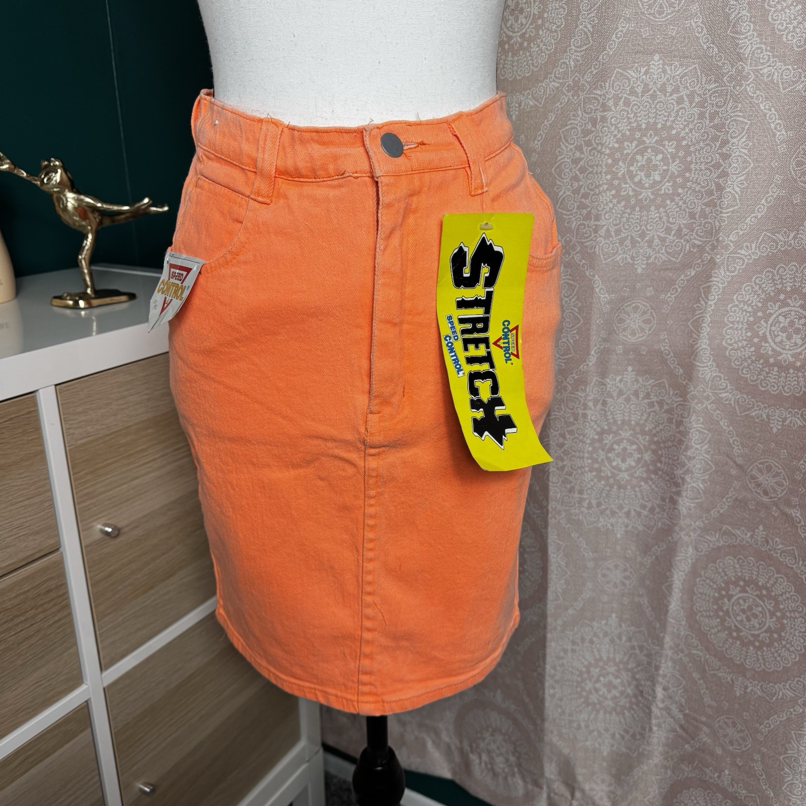 NWT Vintage 80s 90s Speed Neon Washed Orange Denim Mom Skirt High Waisted