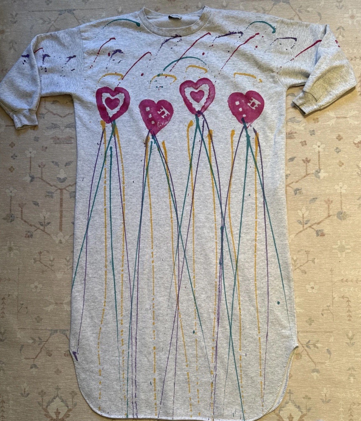 Vintage 80’s Cozy Sweatshirt Dress Heart Splatter Paint Print Cozy One Size