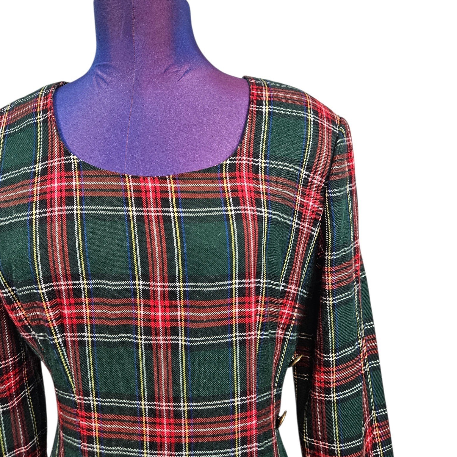 Vintage Misty Lane Tartan Plaid Maxi Dress Gold Crest Buttons Made in USA Size 8