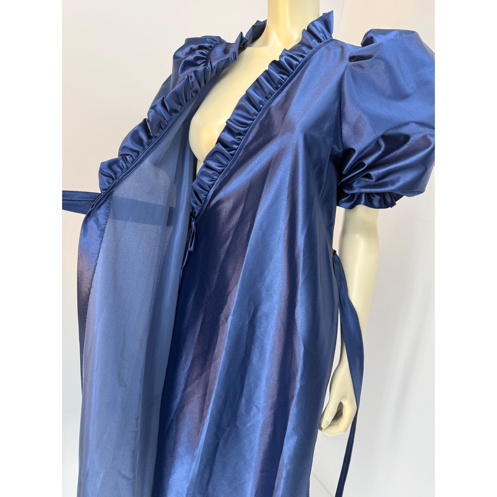 Vintage Puff Sleeve Satin Robe Royal Blue Ruffle Neck Tie Waist Maxi Wrap M/L