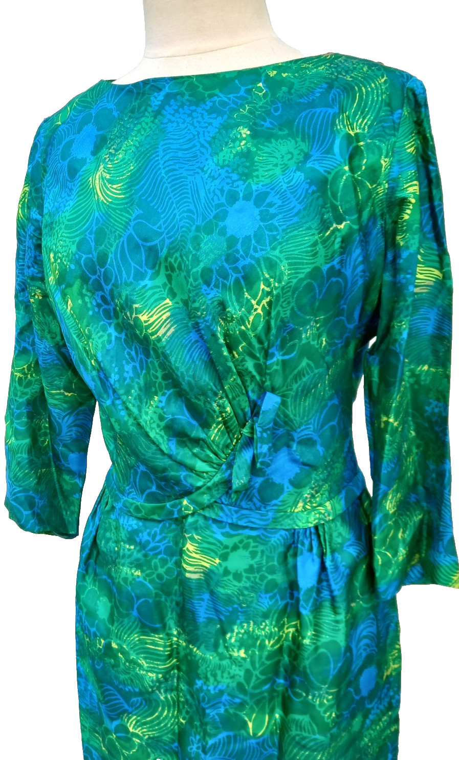 1950s Silk Dress Mad Men Blue Green Floral Gathered Waist Union Label 40 Large