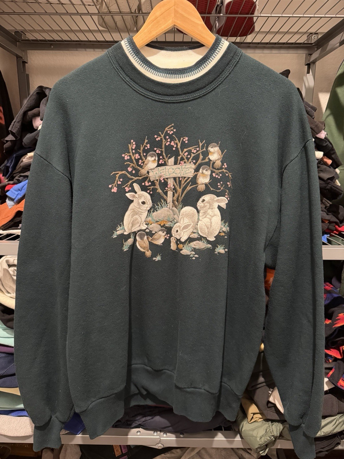 Vintage Pullover Sweater Whim Z Hunter Green Bunny Sweatshirt Easter Size L